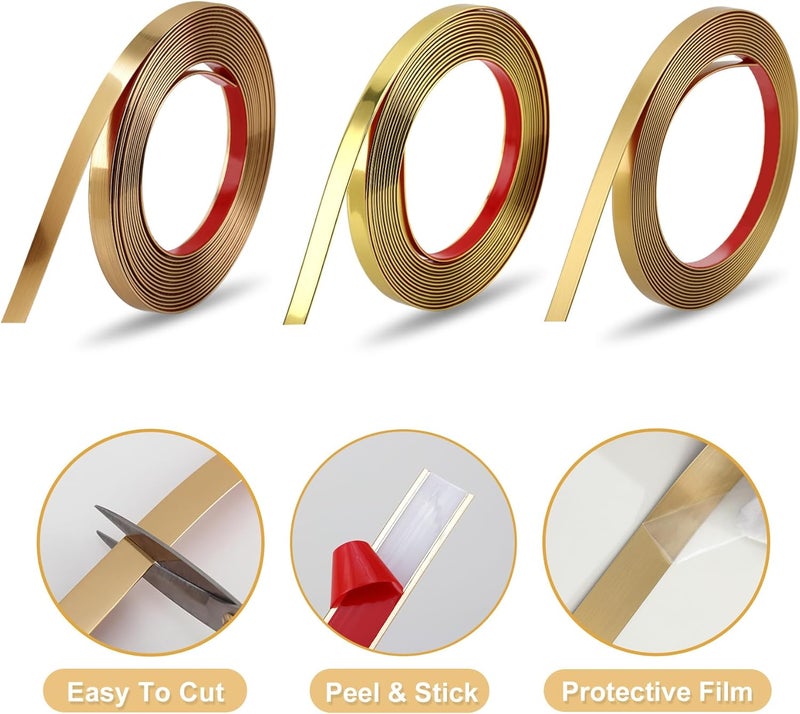 Soengsau Matte Gold Finish Molding Trim, 196.8"L x 0.4"W Peel and Stick Decoration Strip for Ceiling, Wall, Tile Edge, Furniture Cabinet, Mirror - Image 3